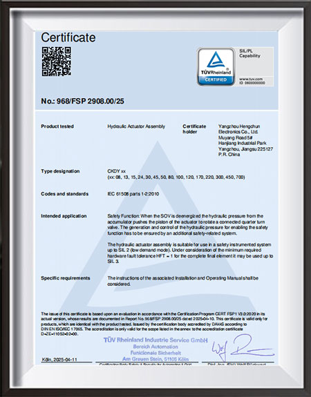 Atuadores eletro-hidráulicos --- certificado TÜV-Rheinland-SIL.