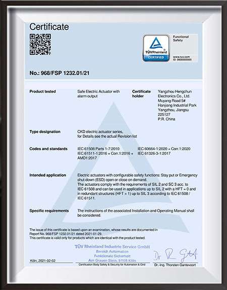 Atuadores elétricos --- Certificação de nível de integridade de segurança TÜV-Rheinland-SIL2
